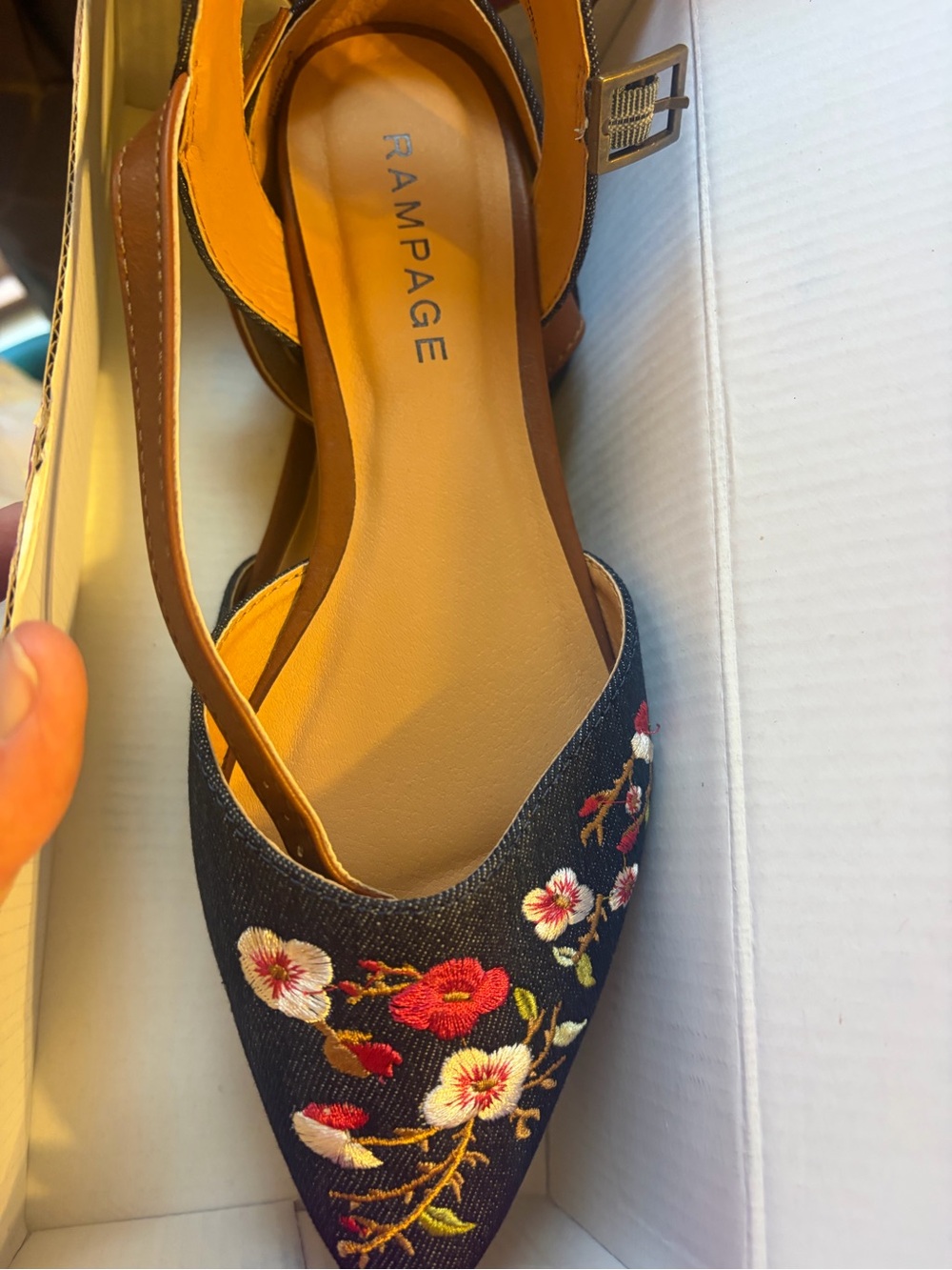 Rampage Women's denim Navy Floral Embroidered Pointed-Toe Flat shoes